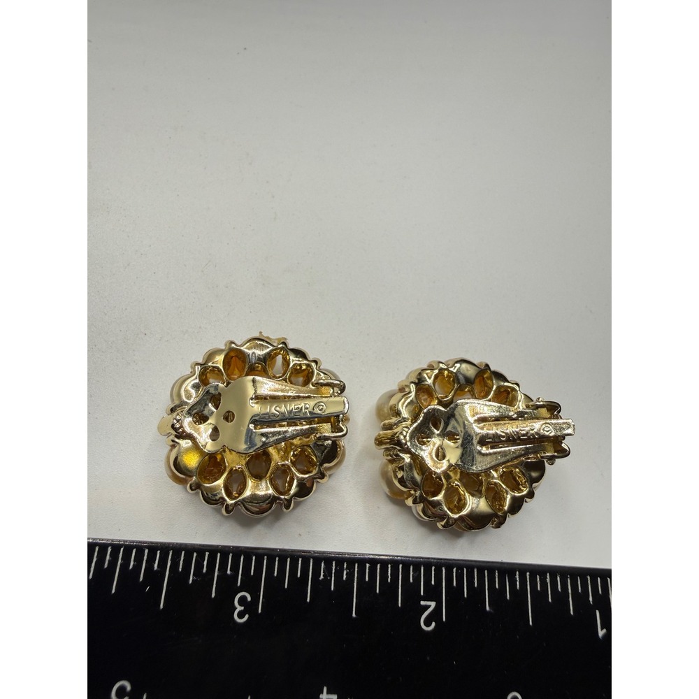 Vintage Lisner Faux Pearl Baguette Rhinestone Gold Tone Clip On Earrings Signed - Picture 3 of 4